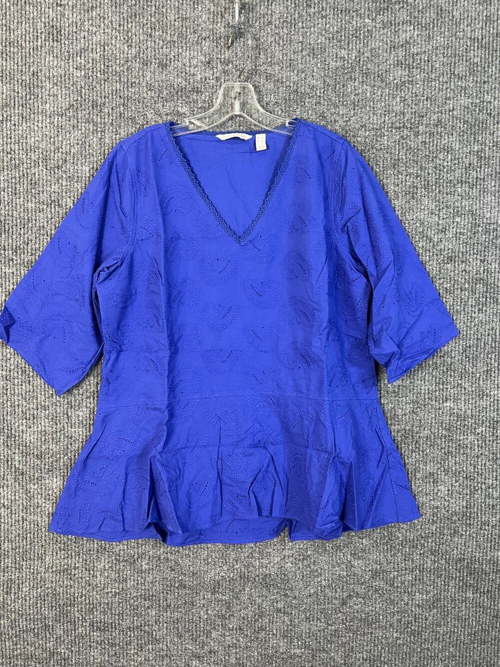 Isaac Mizrahi Live Top Womens Medium M Blue Embroidered Paisley Peplum Bohemian